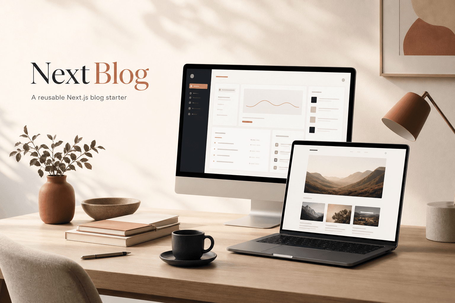 Cozy product mockup showing a NextBlog dashboard and public blog preview